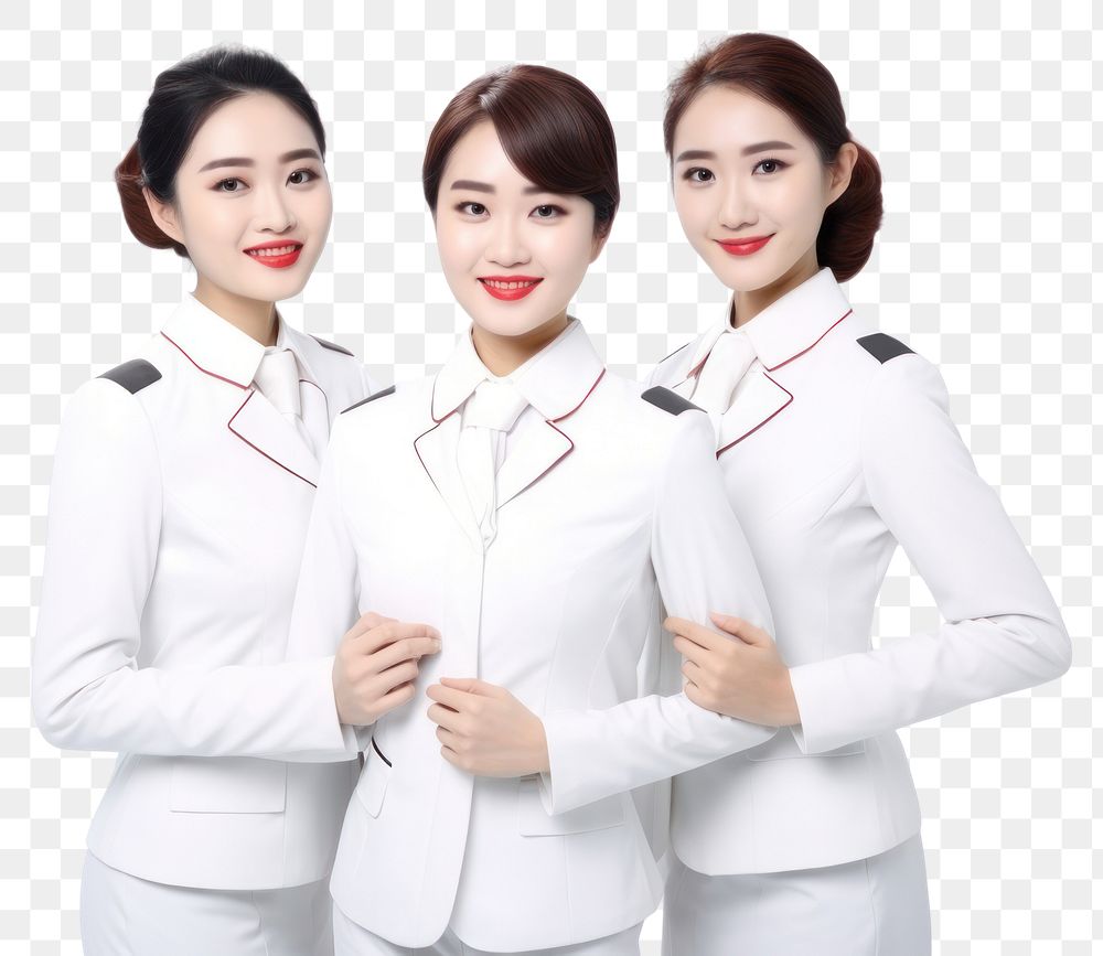 PNG Asian women wearing white formal airline stewardess uniform portrait adult togetherness.