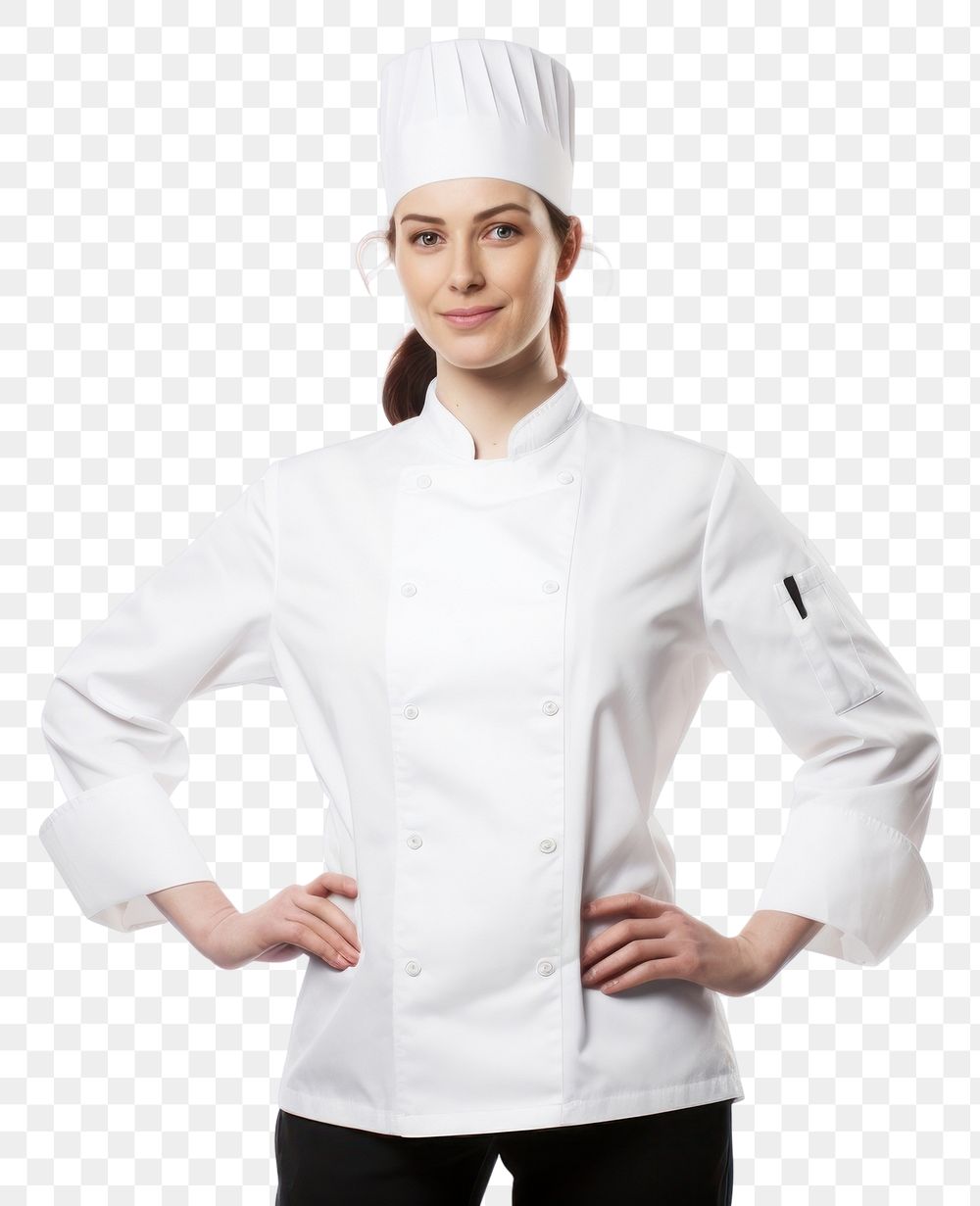 PNG White women wearing white chef uniform portrait white background outerwear.