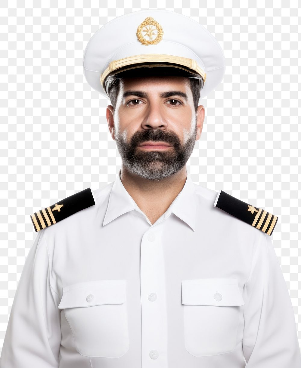 PNG Latin man wearing white ship captain uniform portrait adult white background.