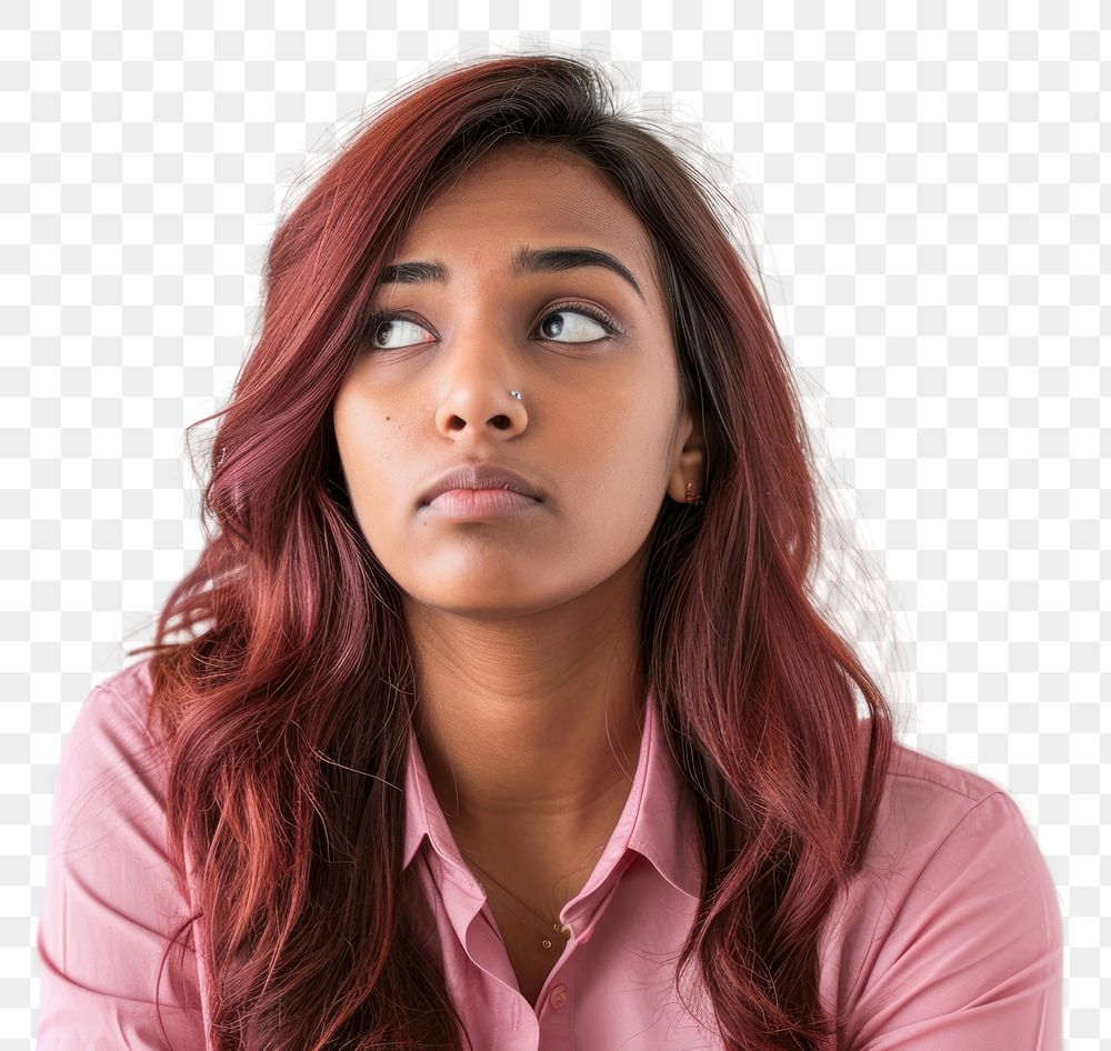 PNG Young Indian business woman wearing a pink and skeptical expression portrait adult white background.