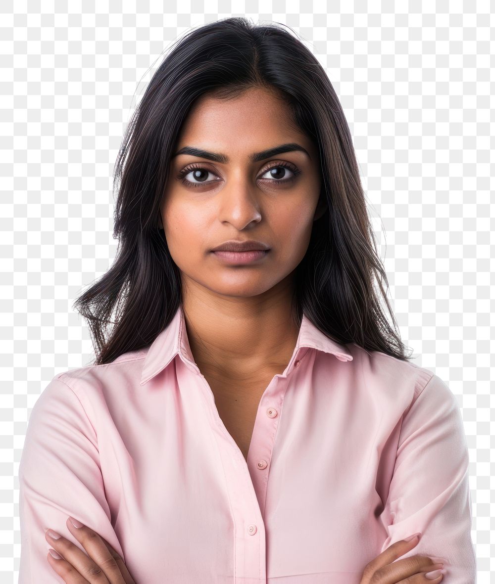 PNG Young Indian business woman wearing a pink and skeptical expression portrait adult white background.