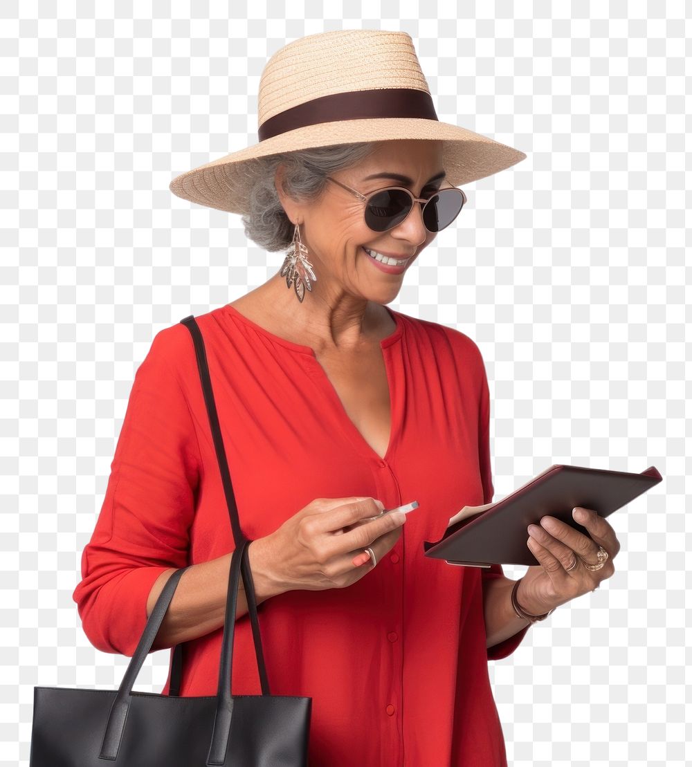 PNG Young Hispanic senior woman buying shopping bags portrait handbag red.