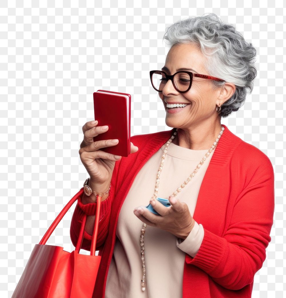 PNG Young Hispanic senior woman buying shopping bags red white background photographing.
