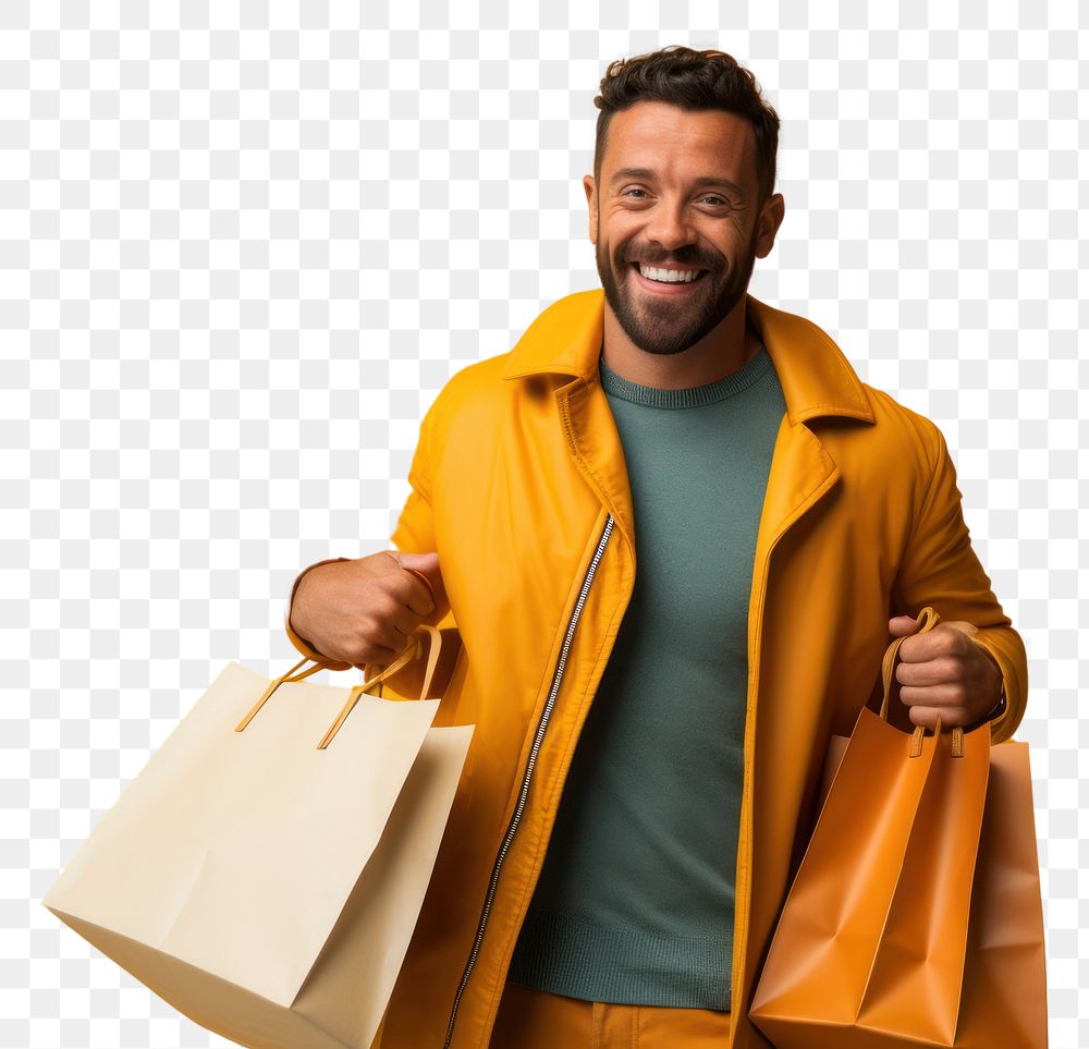 PNG A joyful Hispanic gay holding shopping bags adult men consumerism.
