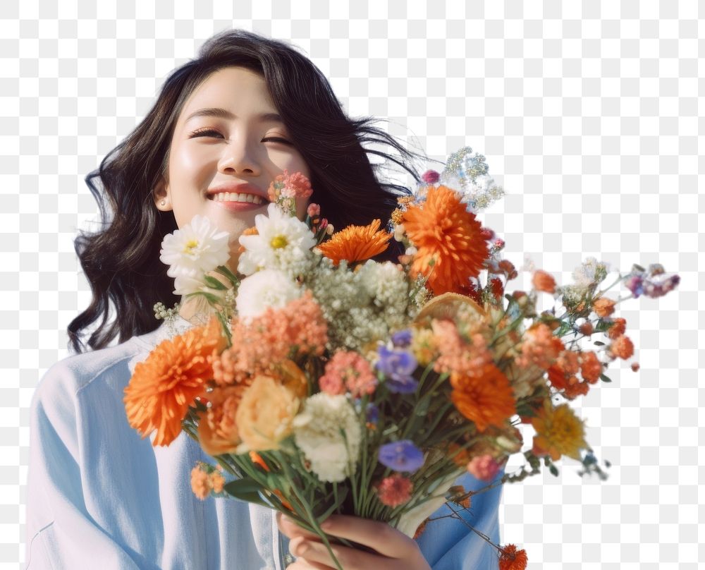 PNG  Asian woman holding bouquet flower plant adult. AI generated Image by rawpixel.