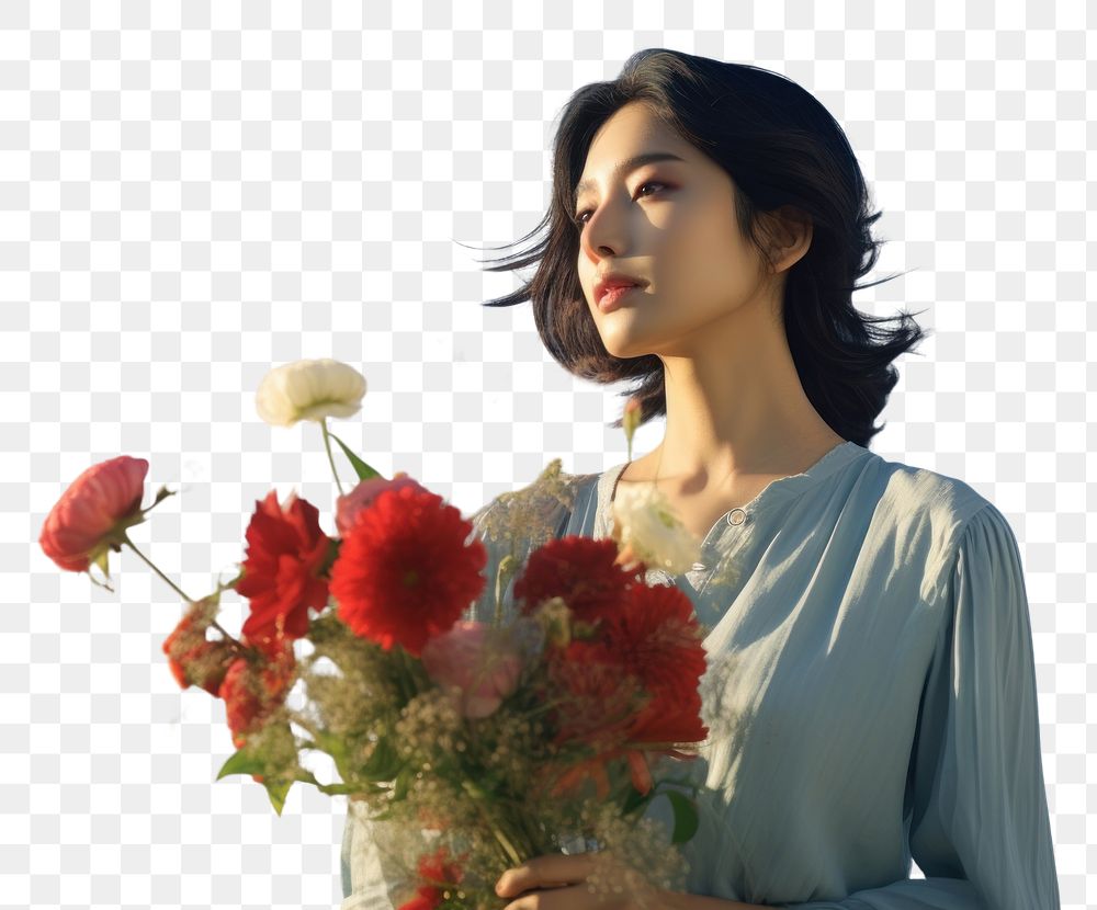 PNG Asian woman looking at bouquet in her hand sunlight flower plant. AI generated Image by rawpixel.