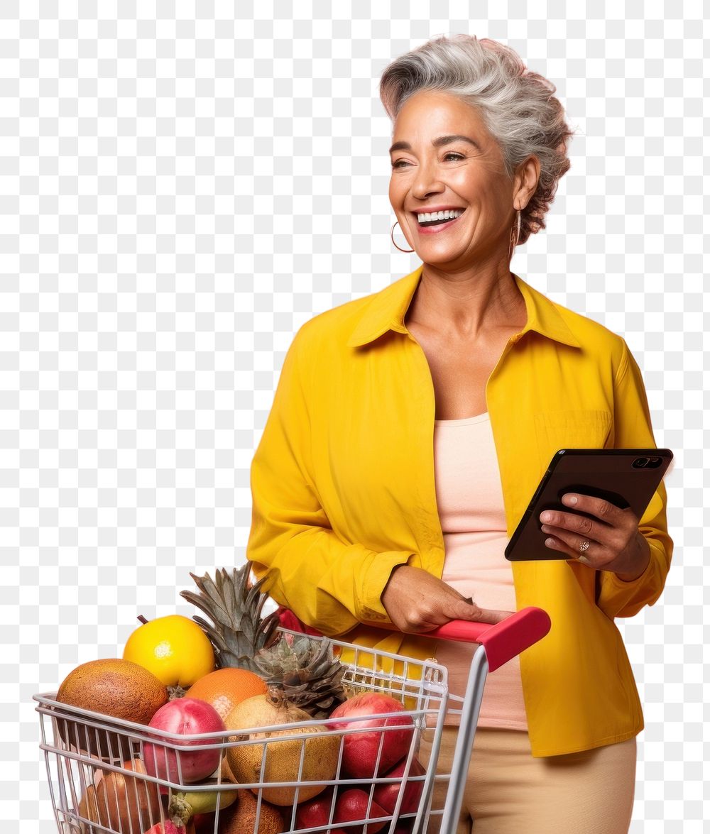 PNG Happy Latin senior woman holding a shopping basket adult retirement technology.