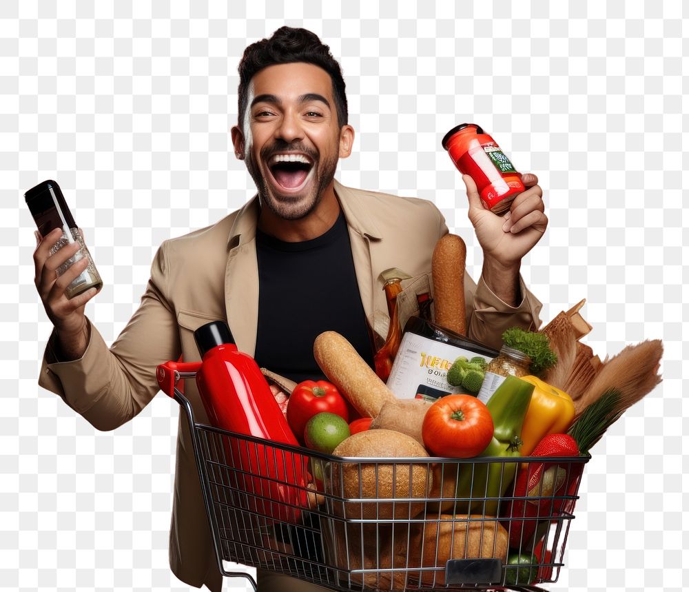 PNG Happy Mexican man holding a shopping basket full of products while he uses a mobile app photography laughing adult