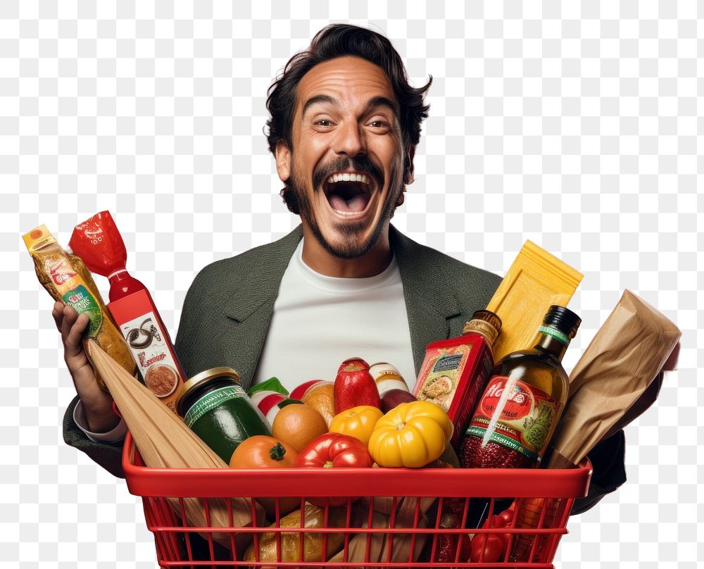 PNG Happy Mexican man holding a shopping basket full of products while he uses a mobile app bottle adult food