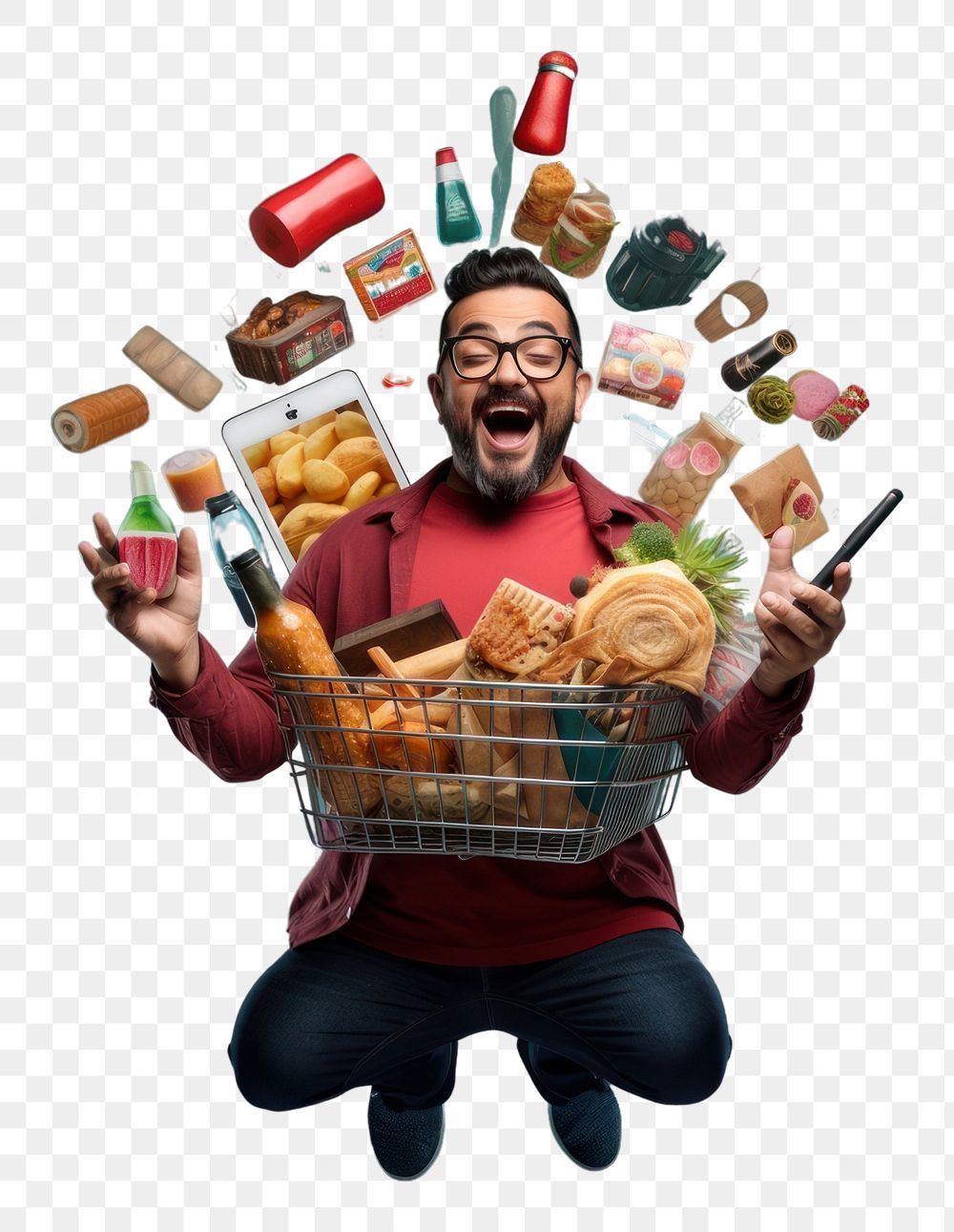 PNG Happy Mexican man holding a shopping basket full of products while he uses a mobile app photography portrait adult.