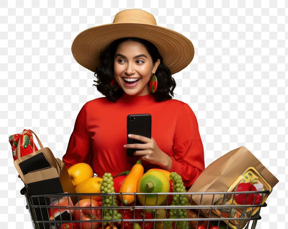PNG Happy Mexican woman holding a shopping basket photography portrait fruit.