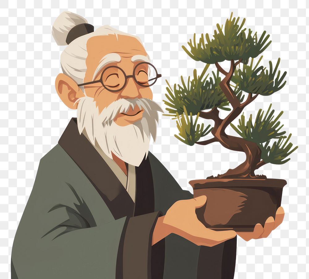 PNG  A happy Japanese senior man holding pine bonzai pot glasses bonsai adult. AI generated Image by rawpixel.