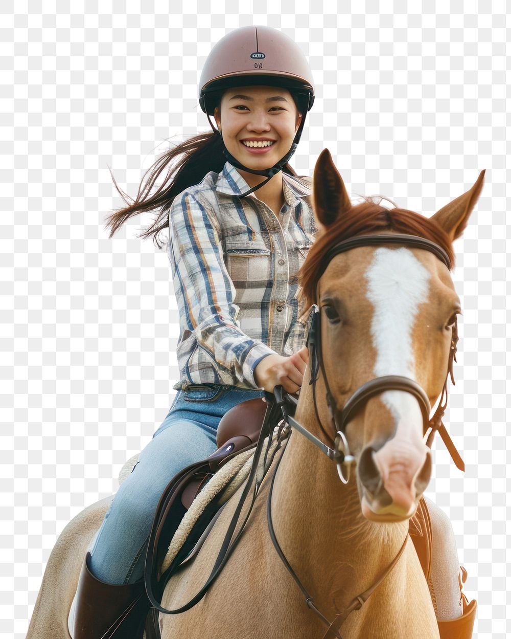 PNG Joyful Asian woman riding horse with safety helmet recreation mammal animal.