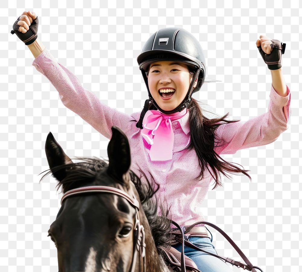 PNG Joyful Asian woman riding horse with safety helmet mammal white background achievement.