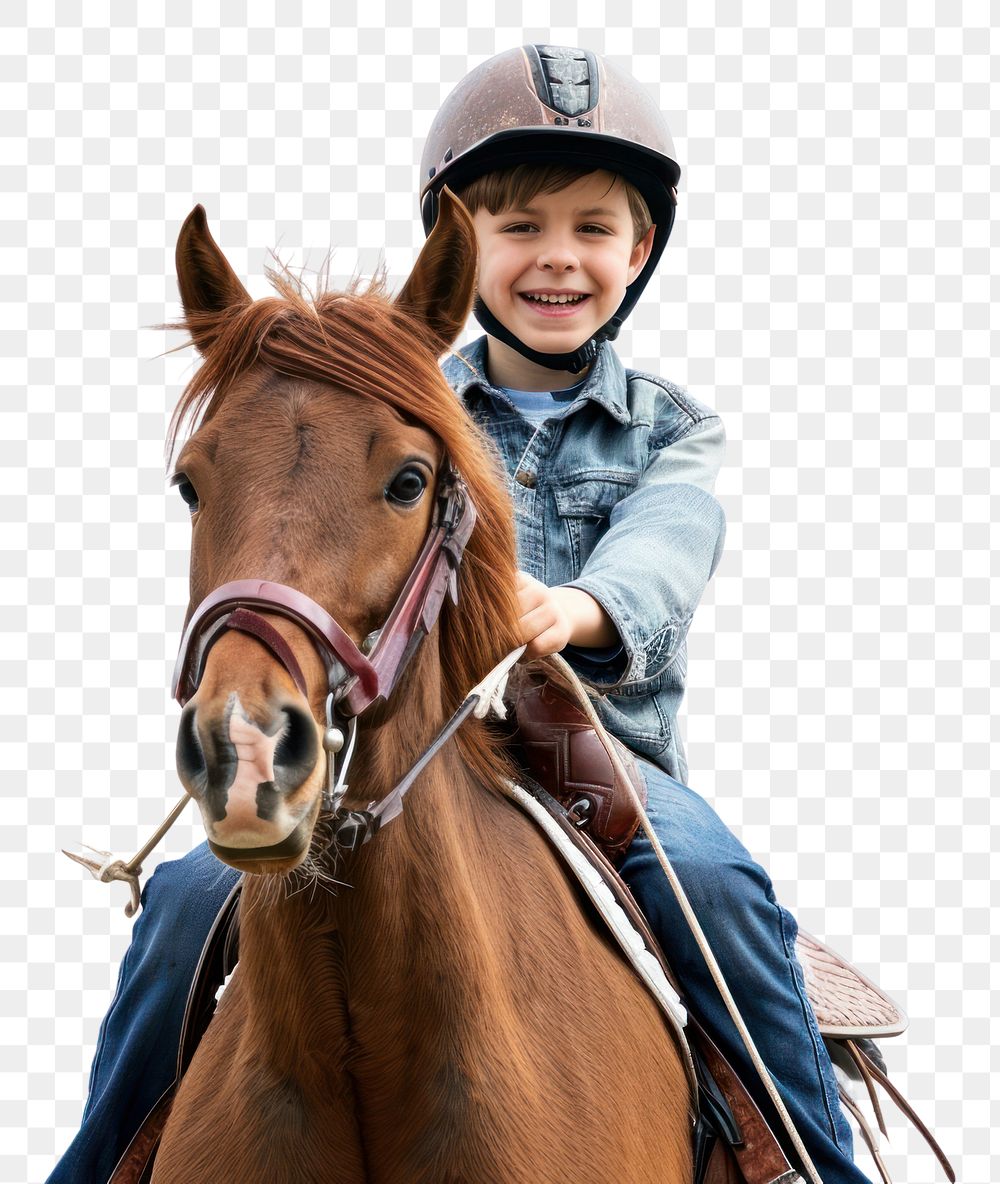 PNG Joyful boy riding horse with safety helmet mammal animal white background.