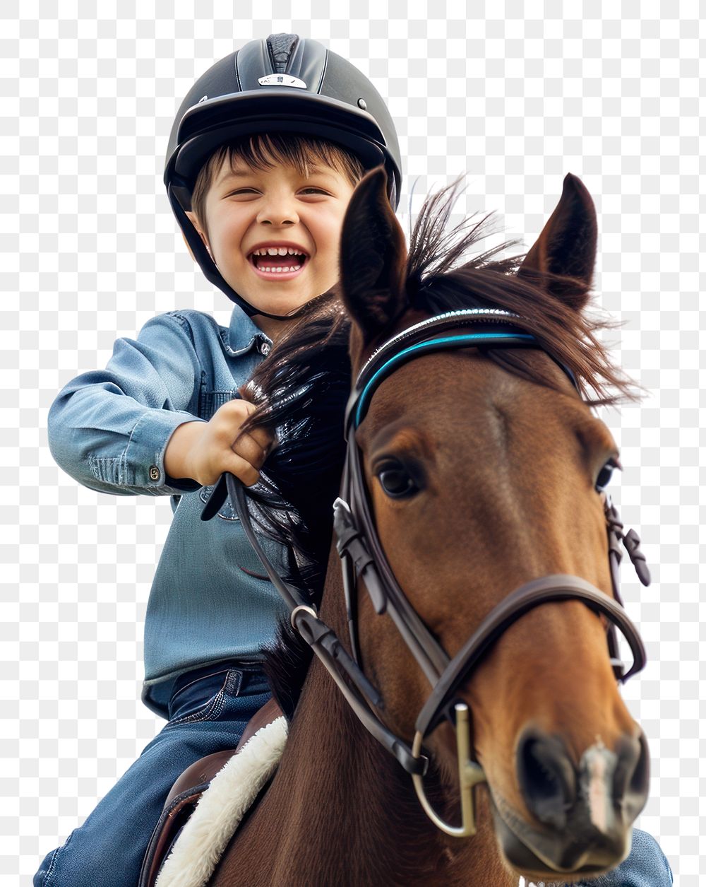 PNG Joyful boy riding horse with safety helmet mammal animal photo.