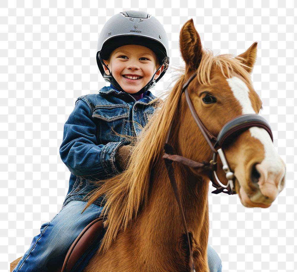 PNG Joyful boy riding horse with safety helmet mammal animal photo.