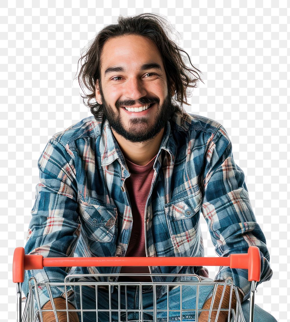 PNG Latin man with shopping cart adult smile white background.