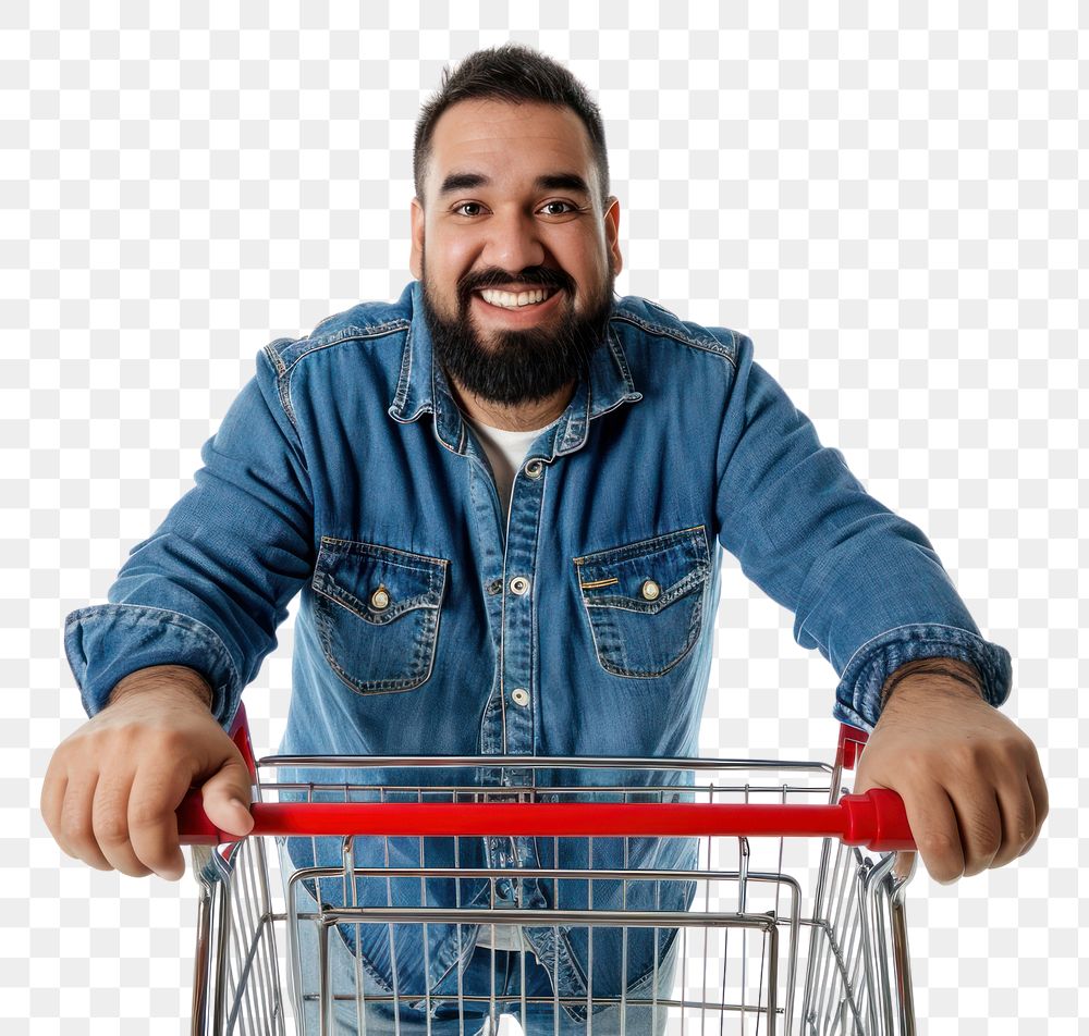 PNG Latin man with shopping cart adult white background consumerism.