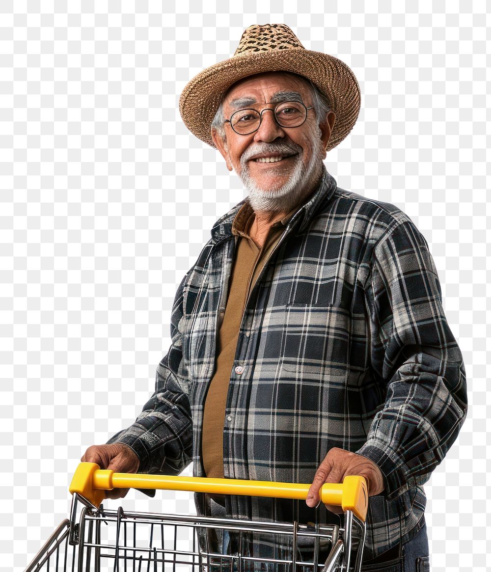 PNG Latin senior man with shopping cart adult white background supermarket.