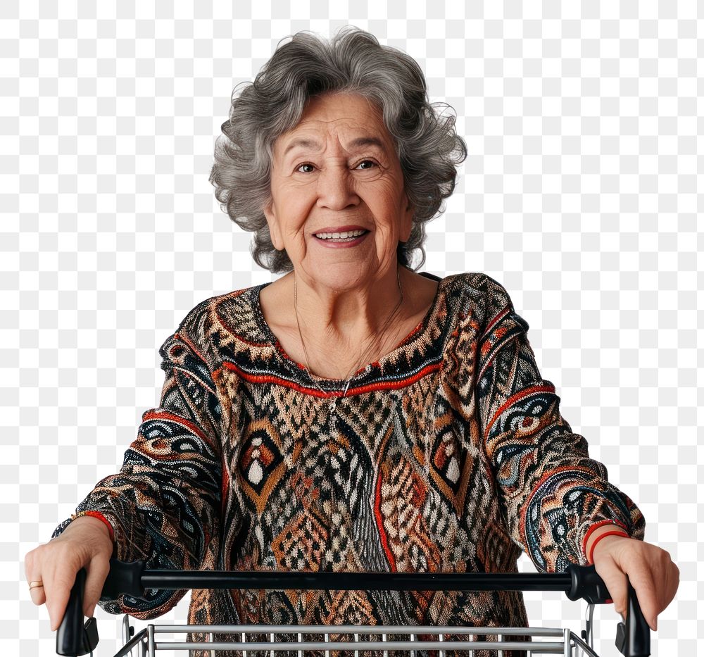 PNG Latin senior woman with shopping cart adult smile retirement.