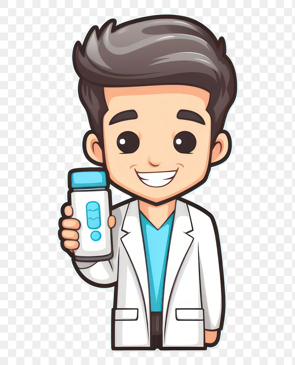 PNG  Pharmacist cartoon holding pill biochemistry portability stethoscope.