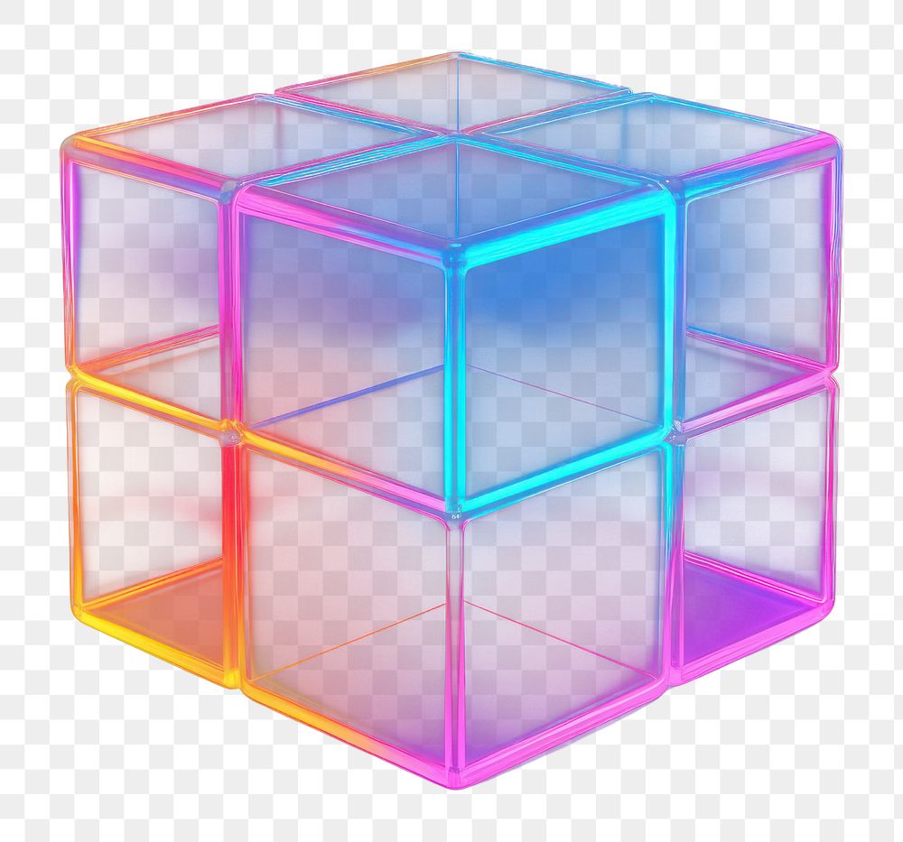 PNG  3D render of neon cube icon glass toy illuminated.