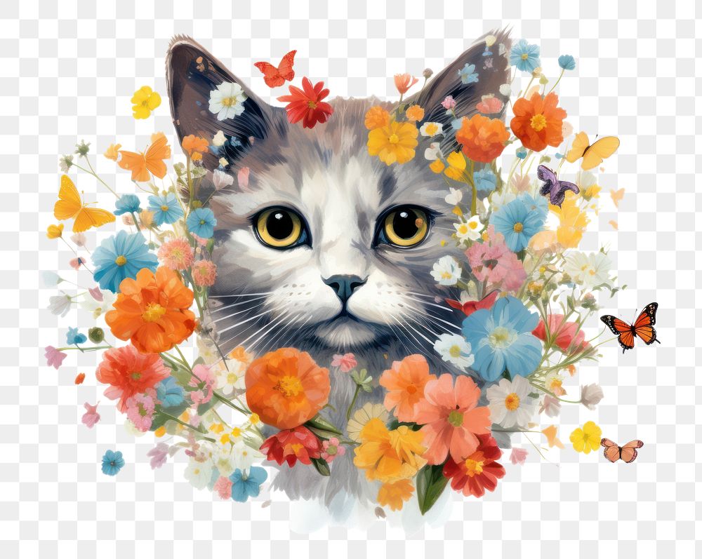 PNG Cat flower and butterflies animal mammal plant. AI generated Image by rawpixel.