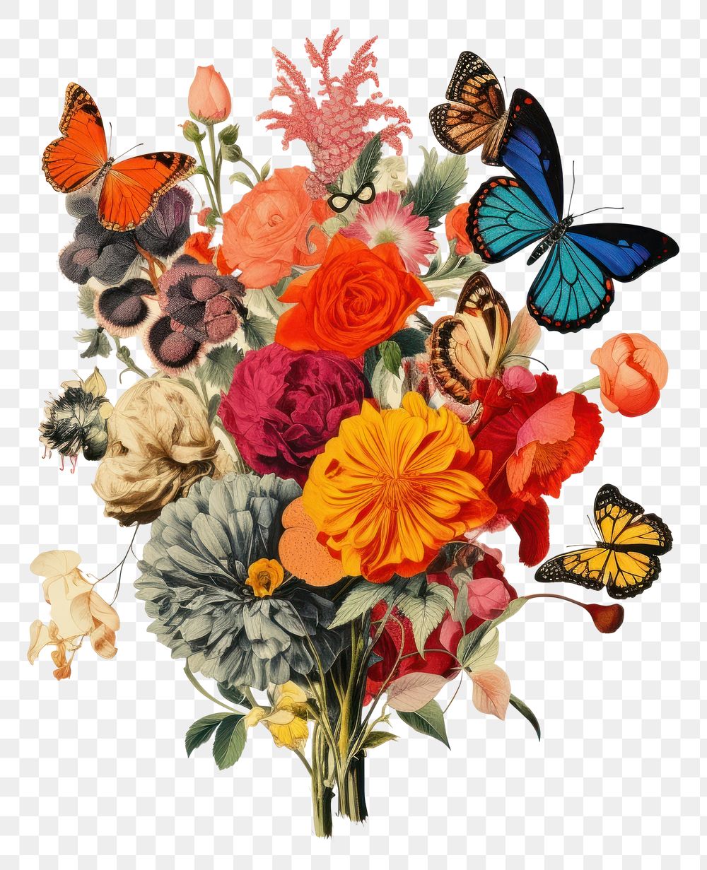 PNG Flowers and butterflies art painting graphics