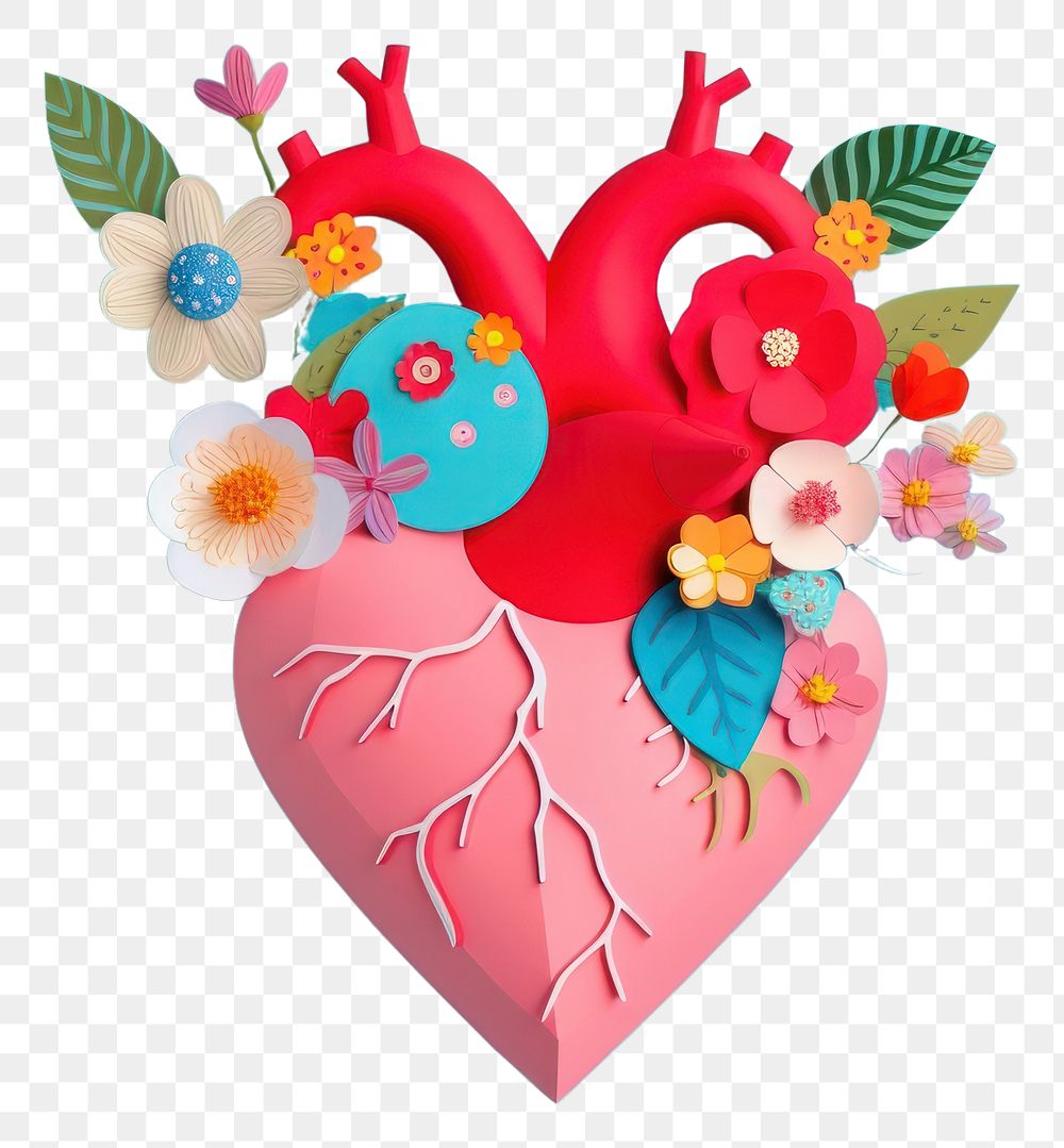 PNG  Realistic heart with flowers representation celebration creativity. AI generated Image by rawpixel.