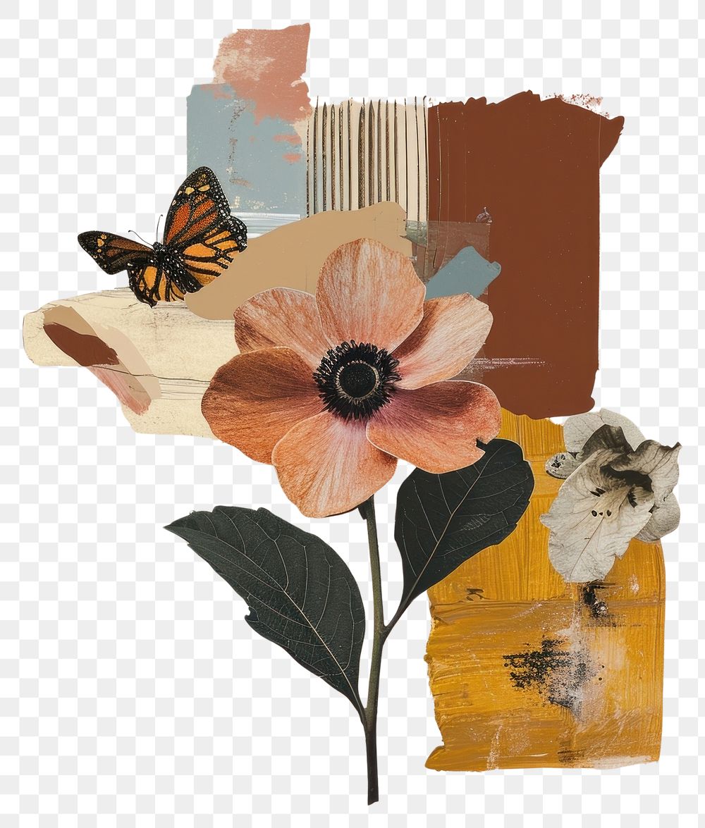 PNG Flower and butterfly a earth tone brush stroke collage painting plant