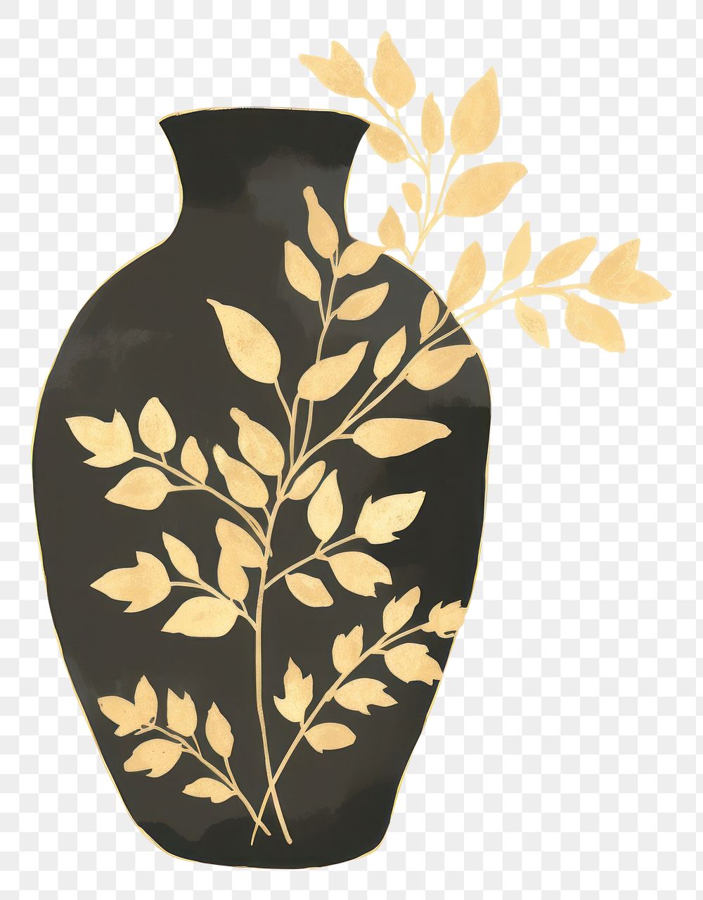 PNG Leaves black vase color in the style of ink folk art-inspired illustrations porcelain pottery white background.