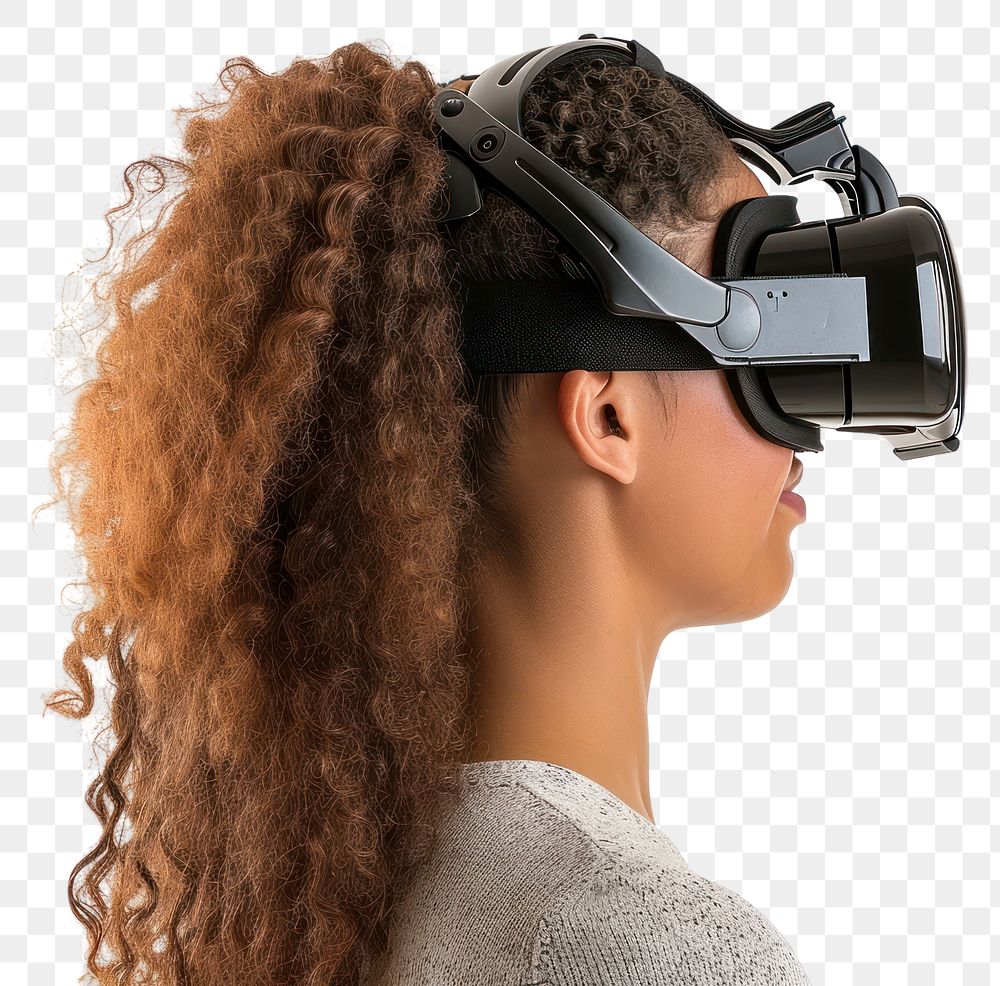 PNG  Woman wearing VR glasses futuristic photography white background accessories.