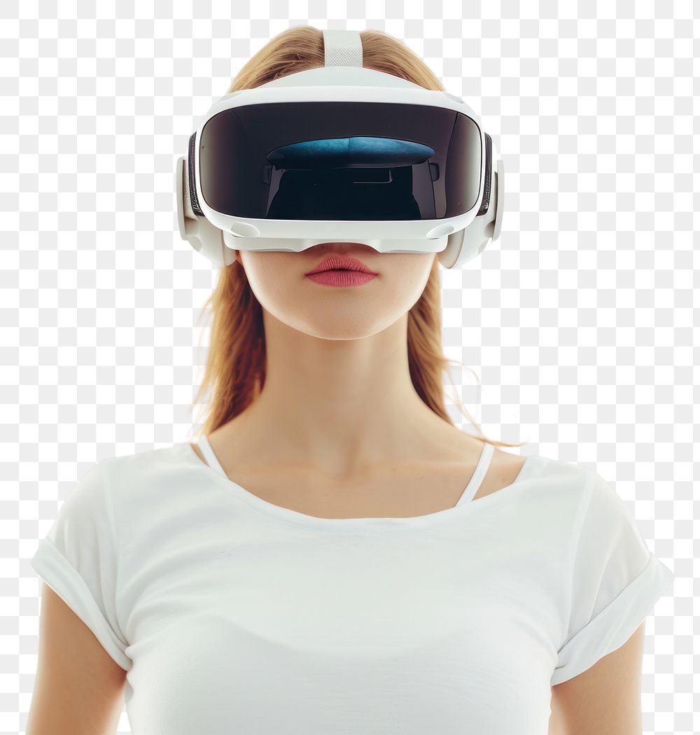 PNG  Woman wearing VR glasses futuristic white background accessories technology.
