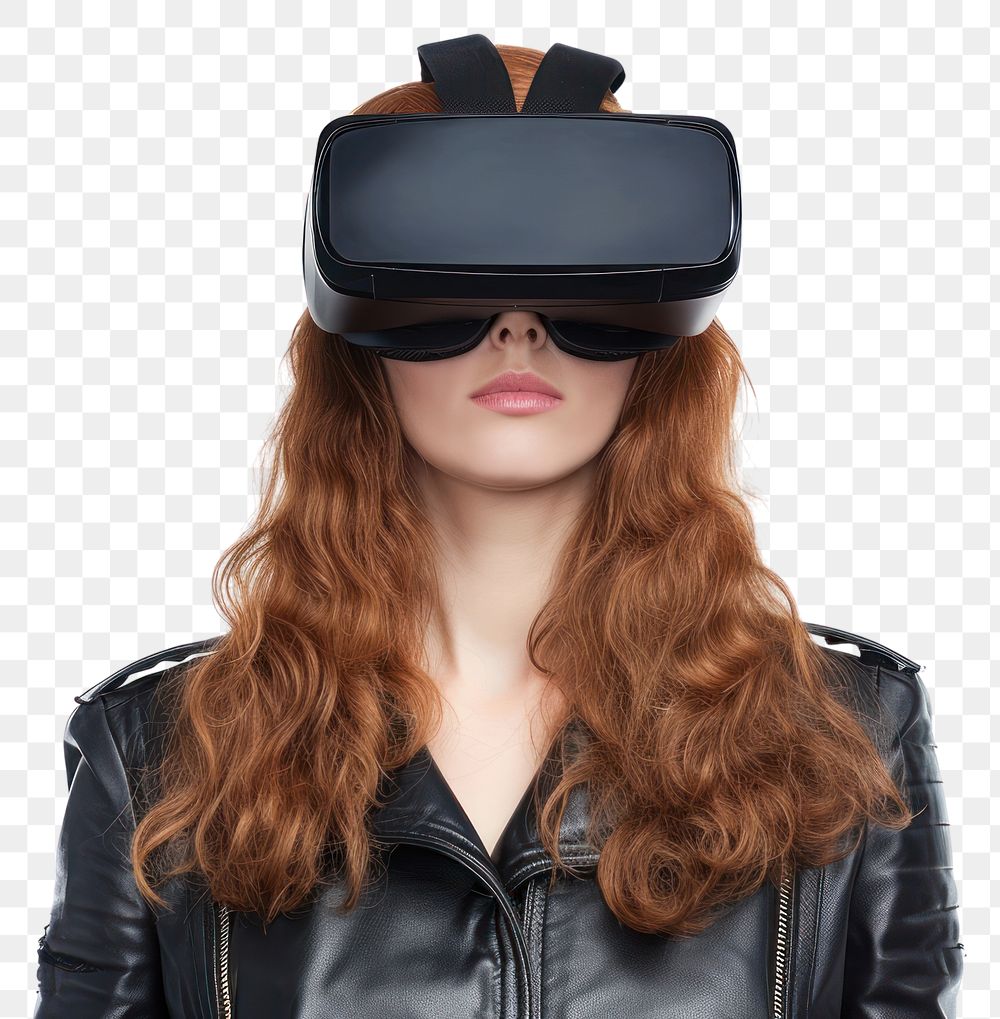 PNG  Woman wearing VR glasses with costume futuristic style photography portrait white background.