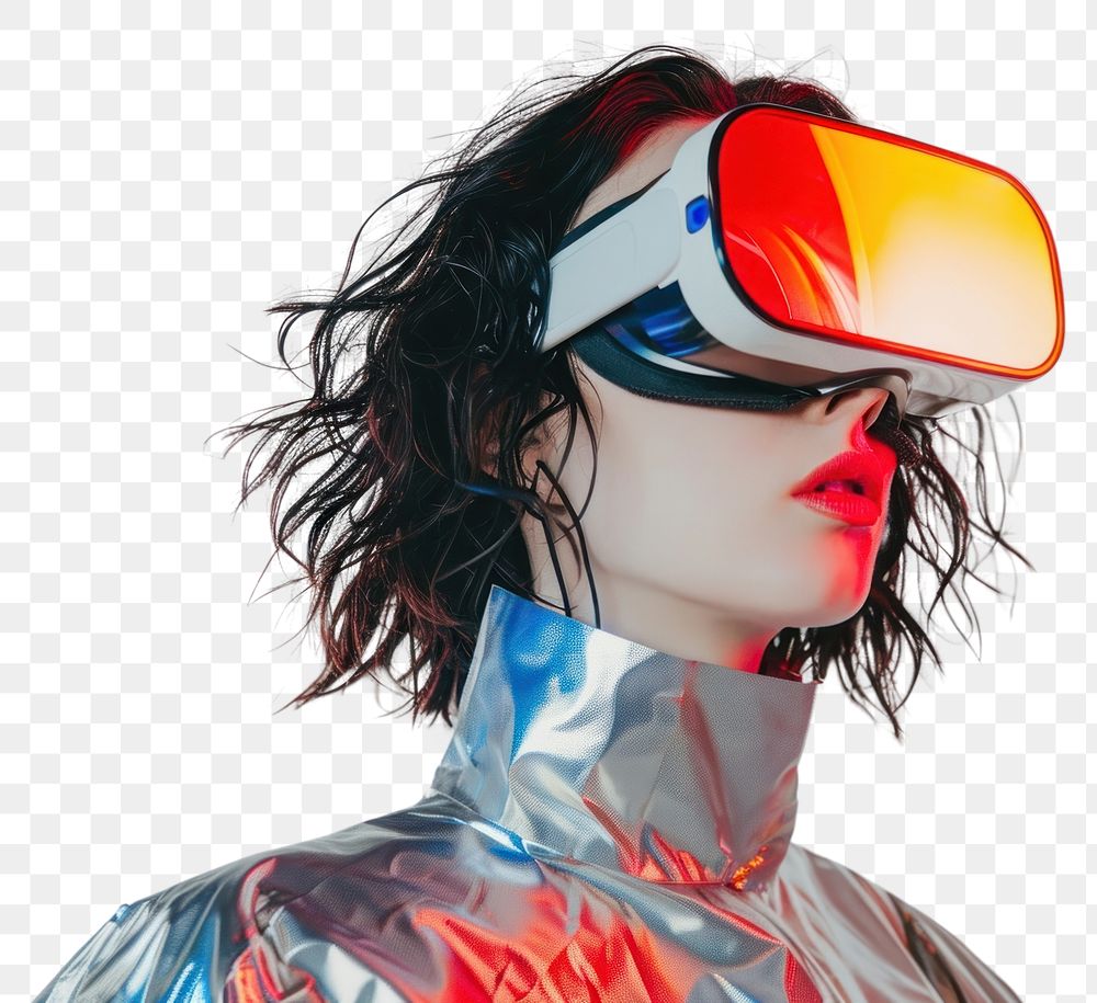PNG  Woman wearing VR glasses with costume futuristic style adult technology hairstyle.