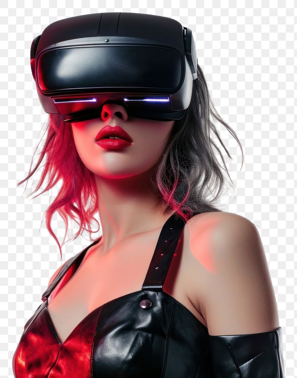 PNG  Woman wearing VR glasses with costume futuristic style photography sunglasses portrait.