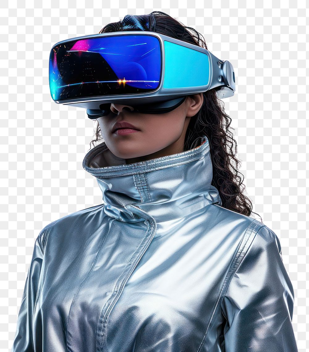 PNG  Woman wearing VR glasses with costume futuristic style white background accessories technology.