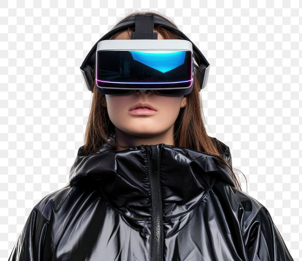 PNG  Woman wearing VR glasses with costume futuristic style jacket white background accessories.