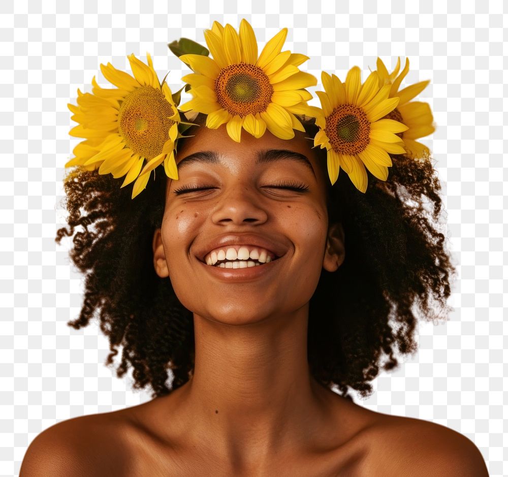 PNG Young african american woman sunflower laughing portrait.