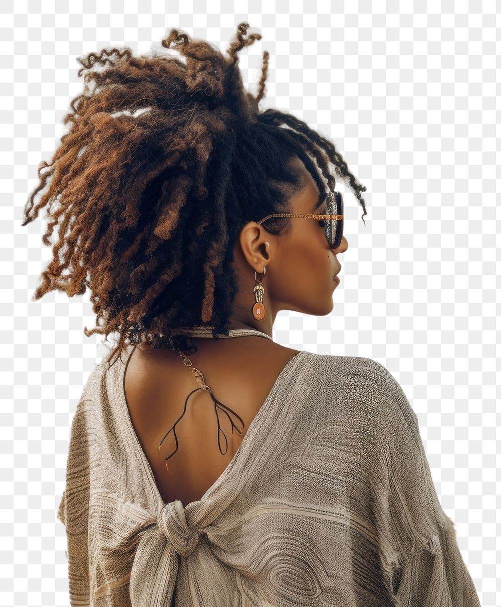 PNG An African american woman with dreadlock hair sitting relaxed on a beach looking at the sea summer adult back.