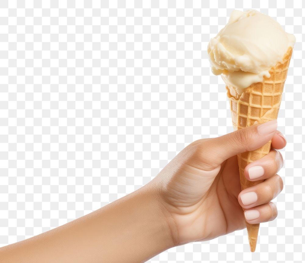 PNG  A female hand holding an ice cream cone dessert food white background. AI generated Image by rawpixel.