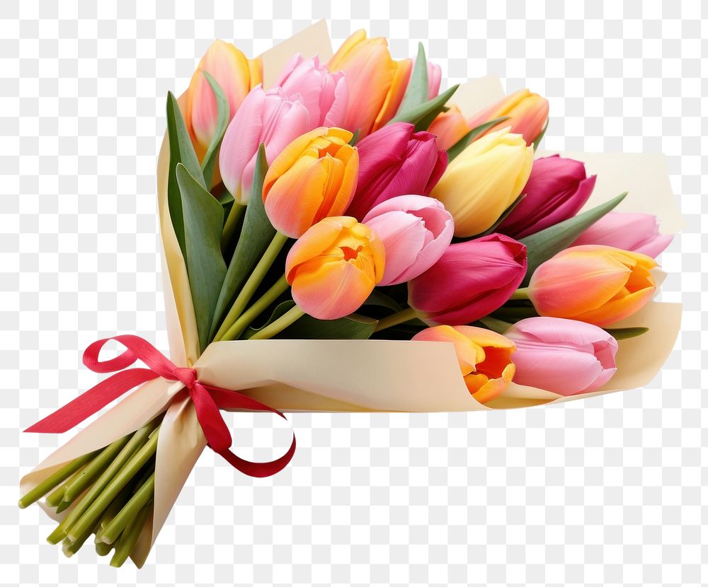 PNG  A Bouquet of spring tulips with different color flowers wrapped in paper for present ribbon plant inflorescence. AI…