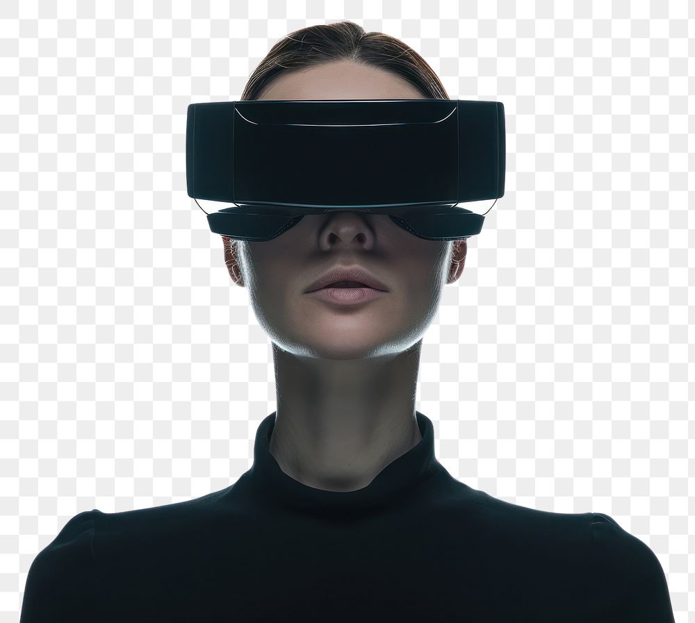 PNG  Woman wearing VR glasses futuristic portrait photo white background.