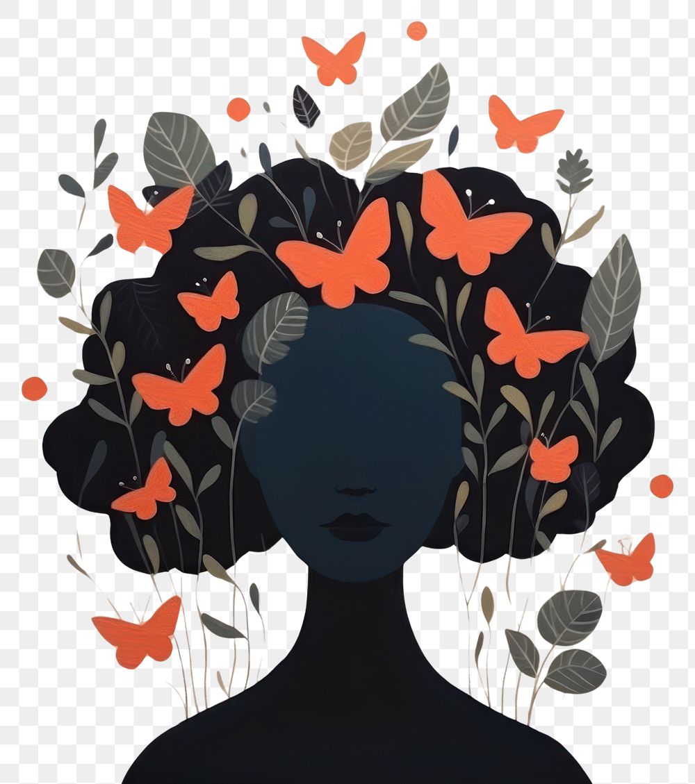 PNG  Silhouette shape of a woman with flowers and butterflies art portrait pattern. AI generated Image by rawpixel.