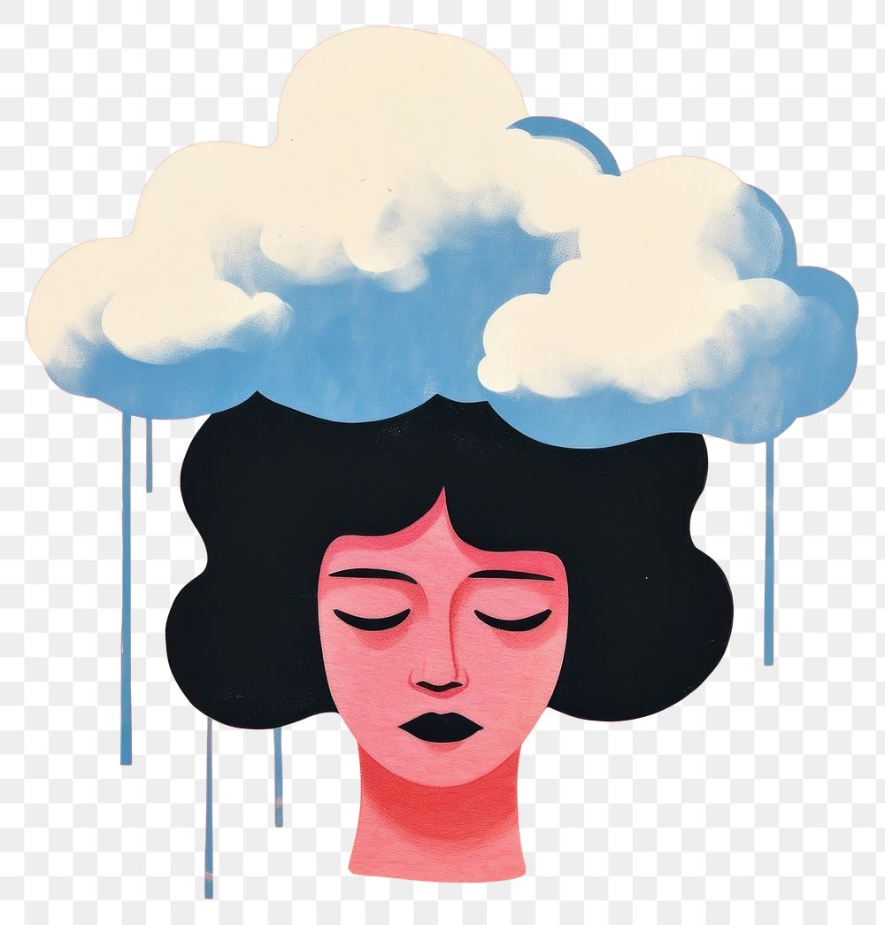 PNG  Silhouette shape of a woman with cloud and cloud raining art painting drawing. AI generated Image by rawpixel.