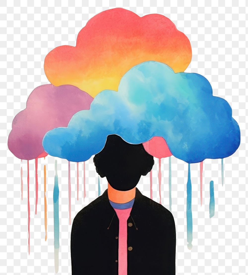 PNG  Man with cloud and rainbow on his head art silhouette painting. AI generated Image by rawpixel.