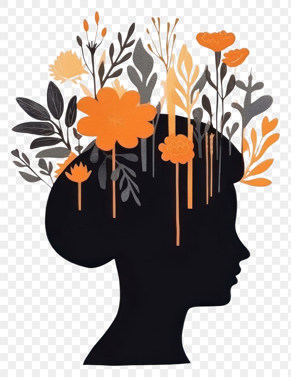 PNG  Silhouette shape of a woman with flowers art painting plant. AI generated Image by rawpixel.