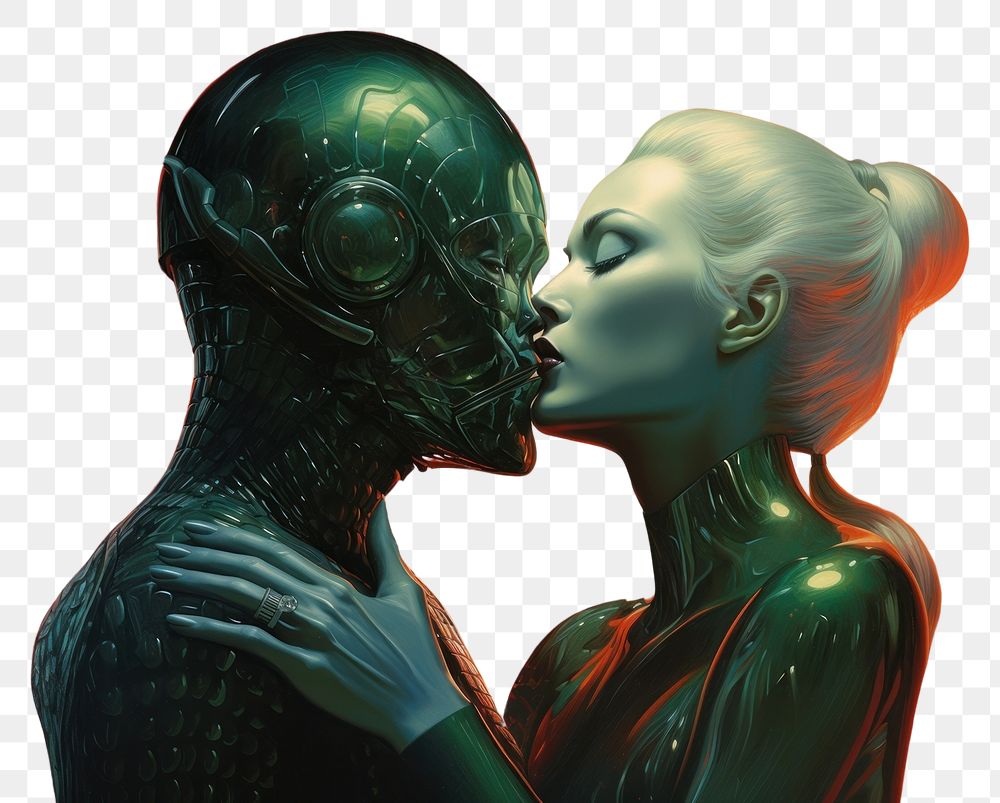 PNG  Woman and alien kiss adult art futuristic.