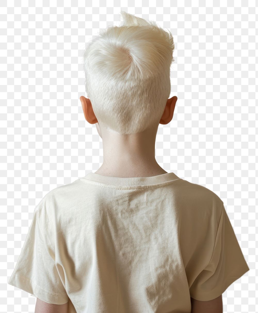 PNG A albino kid wear cream t shirt back individuality hairstyle.